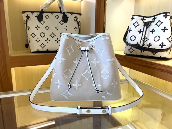 

High quality designer Neo Bucket Bag Women's leather shoulder bag embossed tote purse Crossbody Bag Black floral tote bags, Khaki