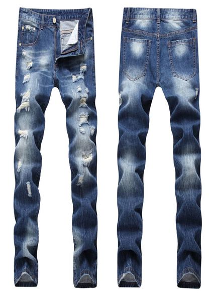

2019fashion ripped jeans men hole beggar pants man cowboys demin pants male straight hip hop frayed casual trousers drop6434399, Blue
