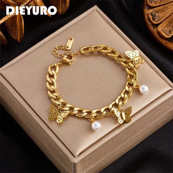 

dieyuro 316l stainless steel women butterfly pearl charm bracelet punk street trend wrist jewelry party gift for friends l230704, Black