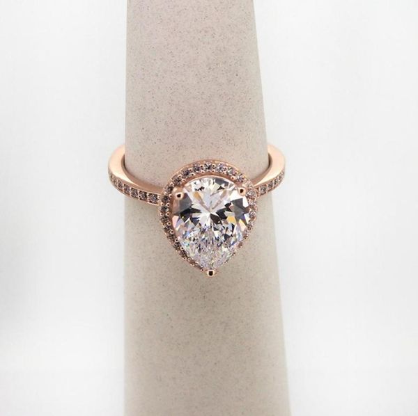 

wholesale-classic for shiny teardrop ring 925 sterling silver plated rose gold set cz diamond lady ring with original b5542049, Slivery;golden