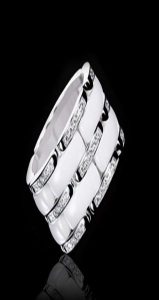 

new arrival fashion lady 316 titanium steel black white ceramic setting three rows diamond wedding engagement 18k gold plated ring6001193, Golden;silver