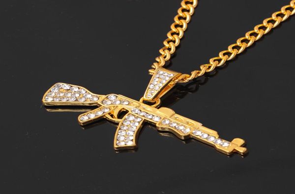 

alloy ak47 gun pendant necklace iced out rhinestone with hip hop miami cuban chain gold silver color men women jewelry1650579
