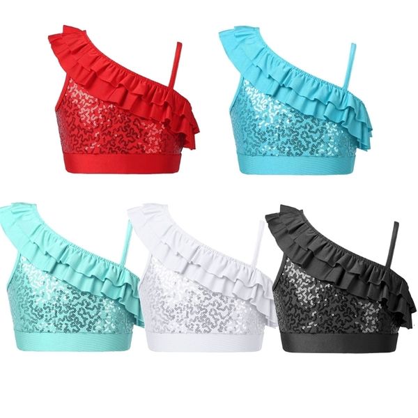 

vest kids girls dance crop sleeveless shiny sequins ruffle tank for ballet jazz stage performance clothing 230711, Blue