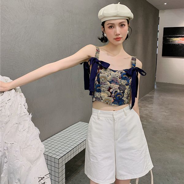 

women's tanks camis women's cute fitness bear print camisol fashion sweet bow full matching tank women's tight chest retro y2, White