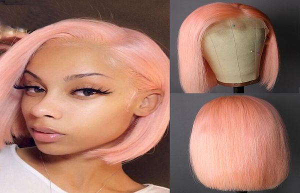 

13x6 lace front wig preplucked short human hair wigs brazilian remy pink bob wigs for black women3721611, Black;brown