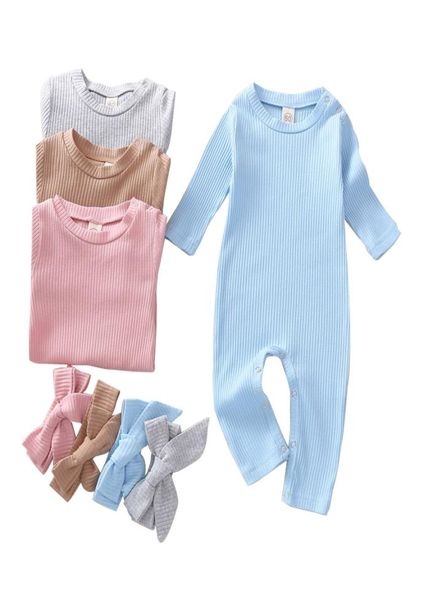 

newborn baby jumpsuits infant solid colors baby rompers kids long sleeve onesies kids boys clothes sets with headband vetement beb5397141, Blue