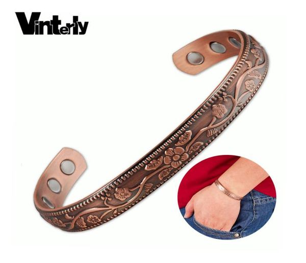 

vinterly copper bracelet femme charms vintage flower energy magnetic copper bracelet adjustable cuff bracelets bangles for women7705483, Black