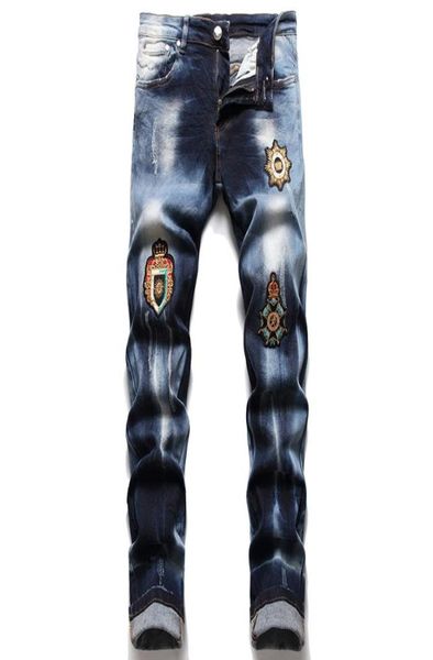 

fashion ripped men039s jeans paint embroidery pentagram stretch slim skinny pants versatile male straight casual streetwear3438153, Blue