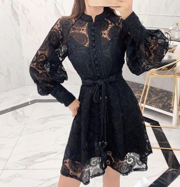 

casual dresses 2021 luxury design runway dress autumn women waist lace hollow out lantern sleeve mini whith belt1449280, Black;gray