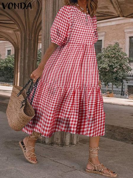 

dresses vonda summer bohemian dress women 2023 casual short sleeve vintage plaid printed shirt robe holiday loose pleated midi vestidos, Black;gray