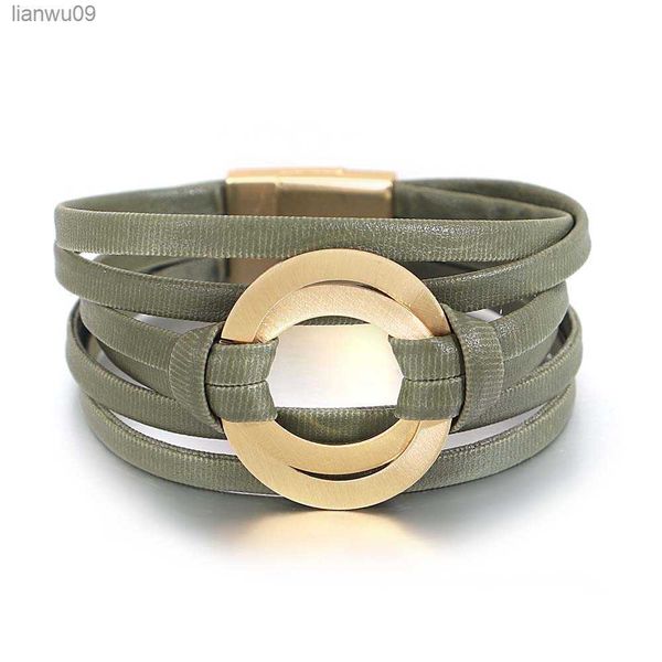 

amorcome classic double circle metal charm bracelets for women soft genuine leather wrap bracelet femme pulseras jewelry l230704, Black