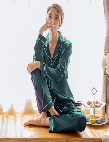 

womens silk satin pajamas pyjamas set long sleeve sleepwear pijama pajamas suit female sleep two piece set loungewear plus size y23424597, Black;red