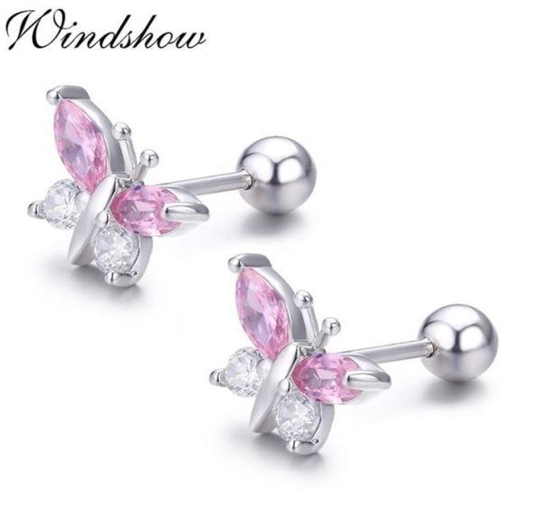 

cute 925 sterling silver butterfly pink cz screw back stud earrings for women child girls kids jewellery orecchini aros aretes 2115885665, Golden;silver