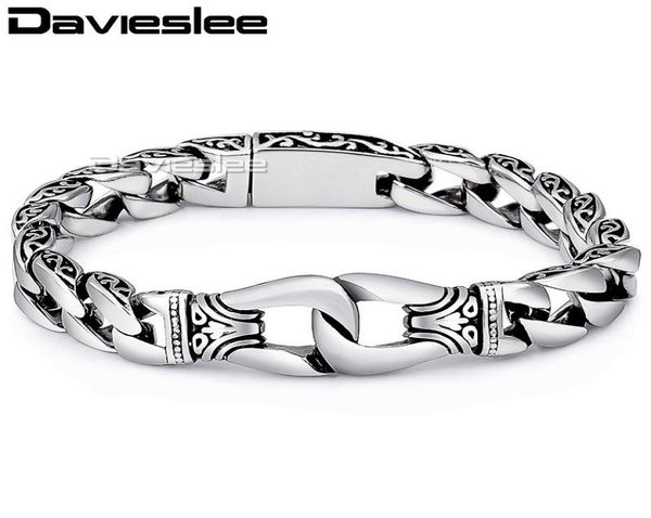 

davieslee mens bracelet chain 316l stainless steel punk bracelets for men curved silver color curb chains cuban link 15mm lhb10 j16861754, Golden;silver