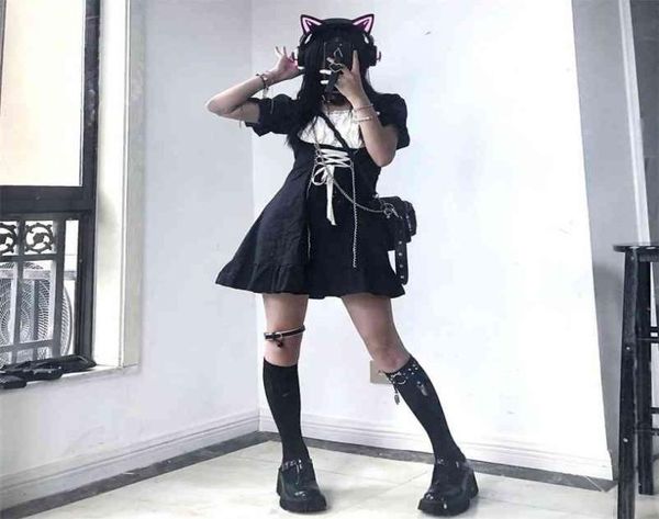 

qweek goth maid dress kawaii gothic maid outfit lolita cosplay maid costumes e girl puff sleeve bandage dress mall goth emo 2103311557821, Black;gray