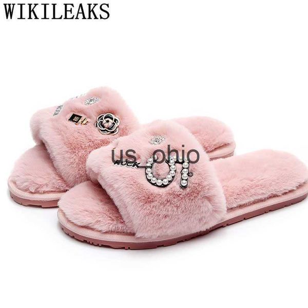 

slippers designer perfume decoration fur slippers women winter flip flops camellia pearl beading fur sandals women pink slides pantufas j230, Black