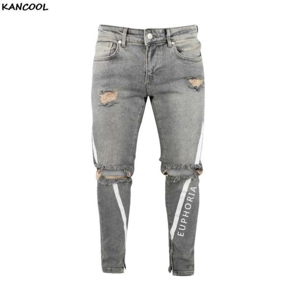 

kancool skinny ripped stretch slim elastic denim pants large size for male spring summer hip hop print streetwear men jeans9165977, Blue