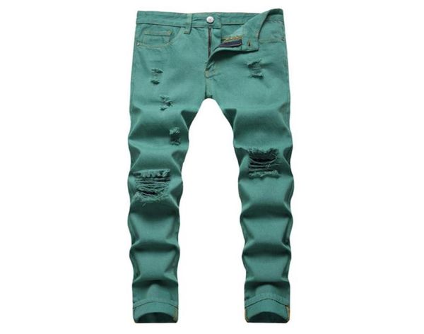

men039s jeans fancy neon color y2k denim streetwear slim straight pants holes ripped trousers green yellow pink1932671, Blue