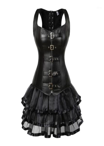 

steampunk lace up back waist trainer body shaper buckle bustier overbust corset dress faux leather corsets mini skirt tutu plus bu7327694, Black;white