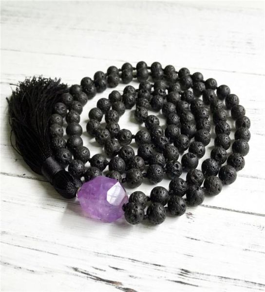

natural purple quartz necklace lava stone hand knotted prayer necklaces black beads men039s jewelry medotation tassel necklace 5702940, Silver