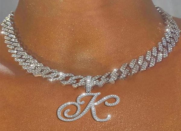 

chains az cursive letter pendant iced out cuban necklace for women initial zircon link chain choker rock hip hop jewelrychains4051706, Silver