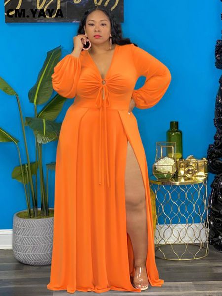 

plus size dresses cmyaya size women long sleeve tie up vneck high side split maxi dress 2023 vestidos clubwear party evening 230711, Black