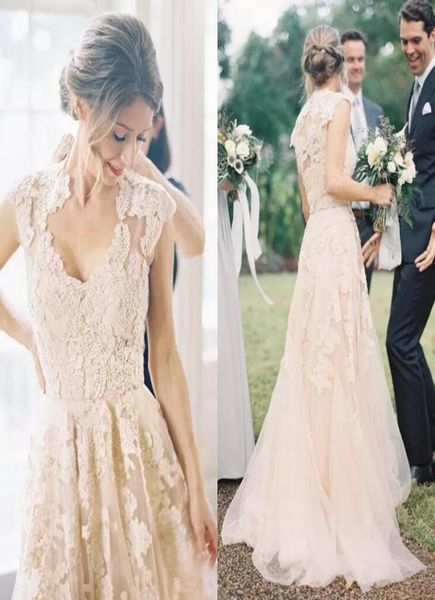 

elegant garden country wedding dresses 2017 champagne tulle lace appliqued capped sleeve reem acra bridal gowns custom made4448684, White
