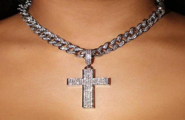 

chains cuban link cross necklace chain iced out women men luxury rhinestone pendant hip hop fashion choker punk jewelrychains9183208, Silver