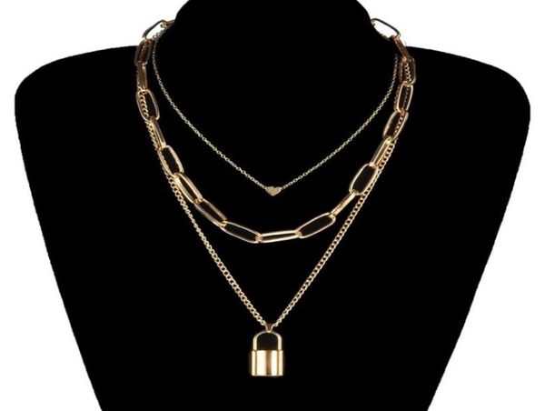 

creative geometric chain heart lock necklace pendant gold punk multilayer clavicle necklaces for women fashion neck jewelry3689499, Silver