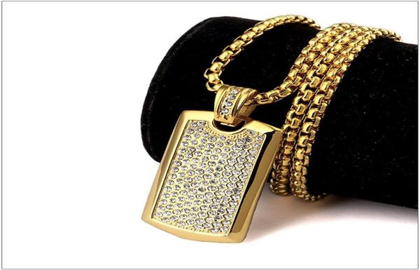 

titanium steel hipsters punk hip hop jewelry 24k gold plated rhinestone dog tag pendant long chain necklace for mens women252w3903286, Silver