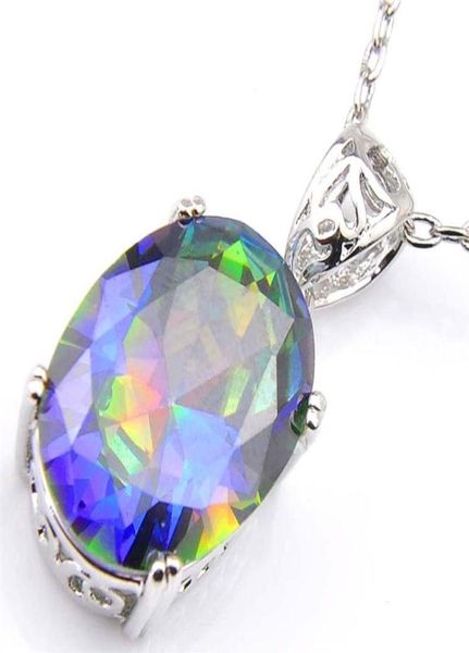 

10pcs luckyshine excellent shine oval fire rainbow mystic z cubic zirconia gemstone silver pendants necklaces for holiday wedd1627567