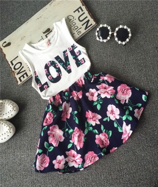 

2017 children girls casual shirt love tank flower skirt clothes set summer fashion clothing set printed baby clothes suit4712135, White