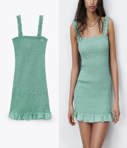 

textured weave mini summer dress women sleeveless straps ruffle elastic smocked vintage beach woman green es 2105189936828, Black;gray