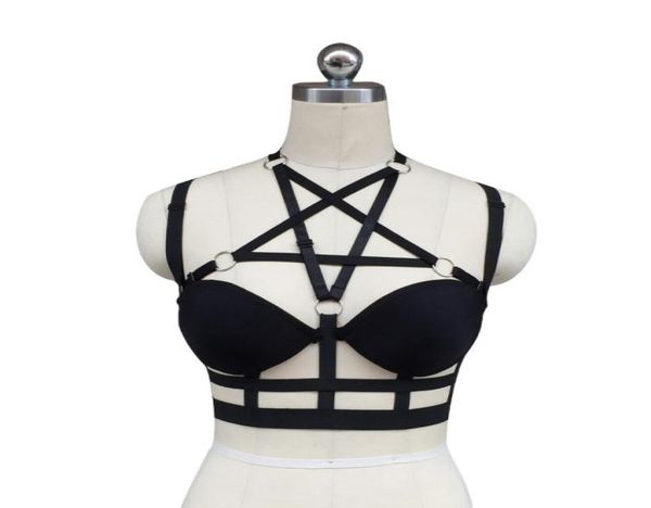 

women black harness cage bra gothic harajuku lingerie cage back complex garters belt pentagram body harness cage bra2711183, Black;white
