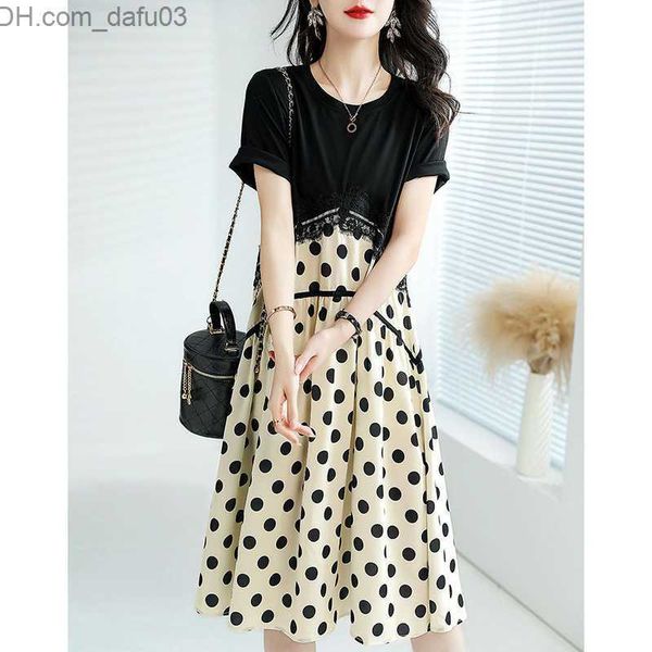 

urban dresses fashionable o neck stitching pleated lace fake two pieces midi dress women's clothing 2023 summer new loose korean polka, White;black