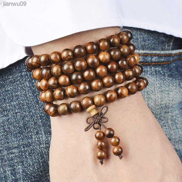 

6mm natural sandalwood buddhist buddha wooden beads bracelets knot pendant 4layer wrist chain men women bracelet bangles l230704, Black