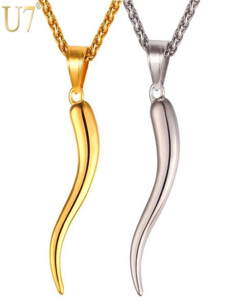 

u7 italian horn necklace amulet gold color stainless steel pendants chain for menwomen gift fashion jewelry p10298439914, Silver