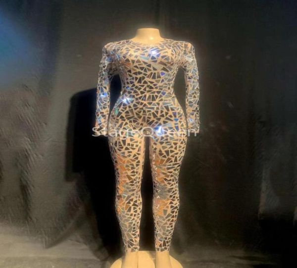 

women039s jumpsuits rompers shining silver mirrors jumpsuit mesh dance costume women stage performance net yarn bodysuit sexy1262376, Black;white