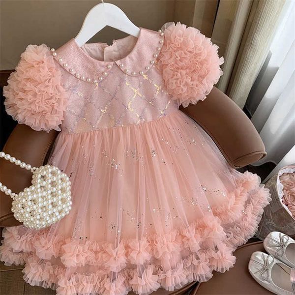 

girl's dresses baby girls dress pearls collar kids princess elegant party tulle tutu prom gown children wedding evening clothing 3-9yhk, Red;yellow