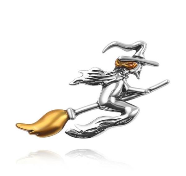 

witches ride brooms brooch personality metal magical badge lapel pins yellow oil brooch halloween jewelry whole 203890782, Gray