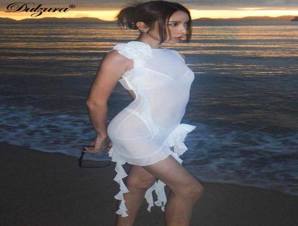 

casual dresses dulzura ruffle mesh see through y2k clothes sleeveless flower oneck bodycon mini dresses for women club stree1863142, Black;gray