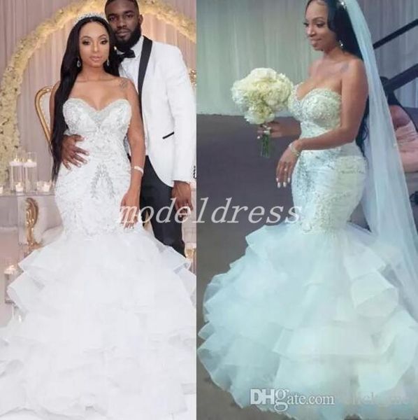 

crystal african mermaid wedding dresses sweet heart backless tiered appliques beads chapel garden country bridal gowns vestido de 6951097, White