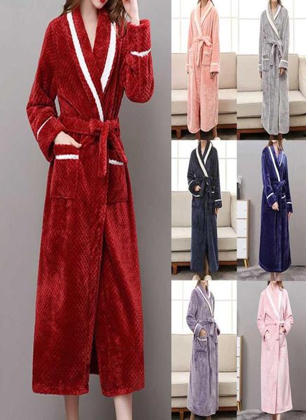 

2020 women winter homewear warm lounge wear cardigan kimono bathrobe nightgowns robes velvet bath flannel sleepwear pajama2352317, Black;red
