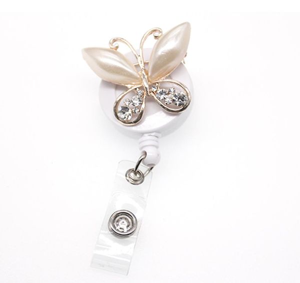 

30pcslot fashion rhinestone pearl beautiful butterfly retractable animal id badge holder reel for giftparty2258351, Gray
