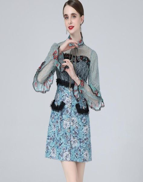 

women039s dresses stand collar long flare sleeves ruffles lace patchwork printed elegant fashion short dress vestidos1022323, Black