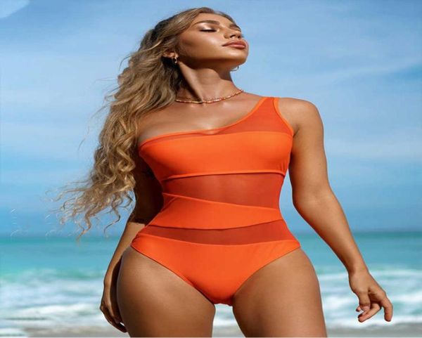 

one shoulder mesh bikini piece women039s swimsuit swimwear monokini high cut push up woman bathingelastic strong5034857, White;black