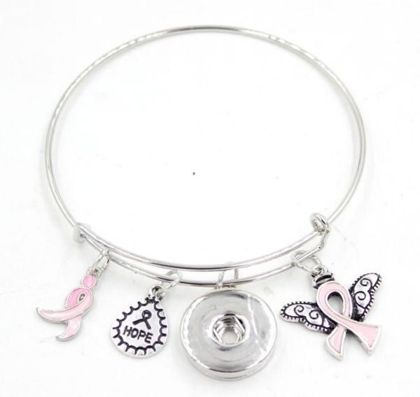 

new arrival snap jewelry hope ribbon breast cancer awareness pink ribbon angel wing charm expandable adjustable wire snap bangles 9596190, Golden;silver