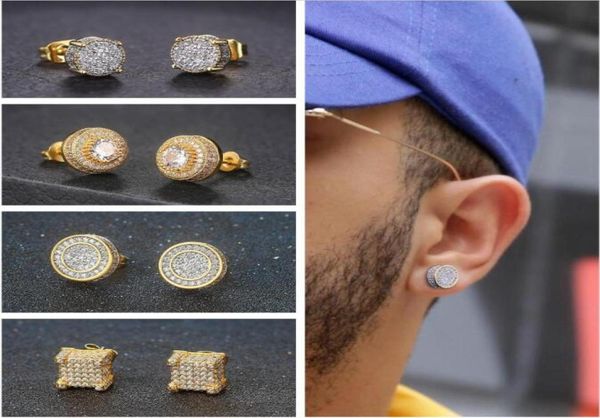 

mens hip hop iced out bling cz stud earrings geometric square round gold color micro pave cubic zircon studs earring for men women3406404, Golden;silver