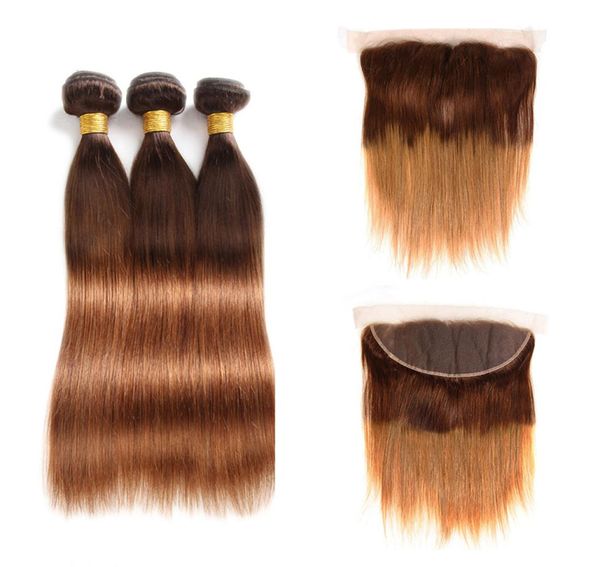 

430 straight ombre colored bundles with frontal brazilian virgin human hair weave 3 bundles with 13x4 lace frontal ear to ear clo1465204, Black;brown