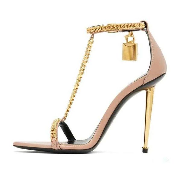 

summer luxury gold chain link sandals shoes padlock pointy naked women high heels lady lock-and-key party wedding gladiator sandalias eu35-4, Black